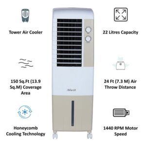 KENSTAR Alta 22 Litres Tower Air Cooler (Inverter Compatible, KCLALTGY022BMH-ELM, golden yellow and white)